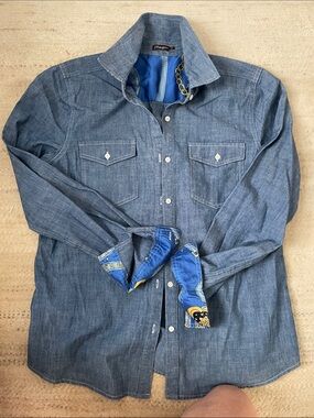 Ladies Blue Denim Long-Sleeve Shirt with Contrast Cuffs